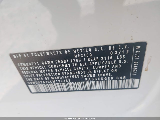 Продажа на аукционе авто 2012 Volkswagen Jetta 2.5l Se, vin: 3VWDX7AJ0CM122482, номер лота: 44940628