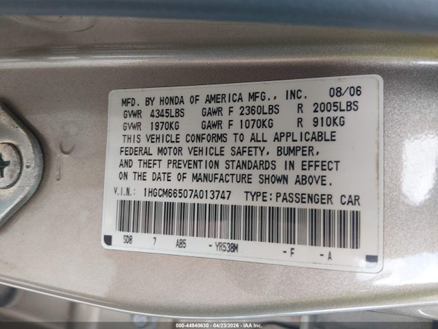 Aukcja sprzedaży 2007 Honda Accord 3.0 Ex, vin: 1HGCM66507A013747, numer aukcji: 44940630