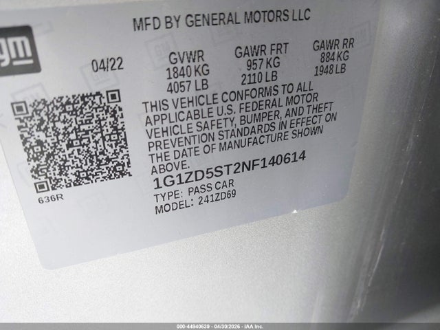 2022 Chevrolet Malibu Fwd Lt მანქანა იყიდება აუქციონზე, vin: 1G1ZD5ST2NF140614, აუქციონის ნომერი: 44940639