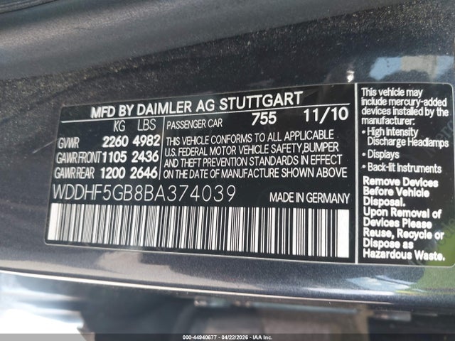 44940677 :رقم المزاد ، WDDHF5GB8BA374039 vin ، 2011 Mercedes-benz E 350 مزاد بيع