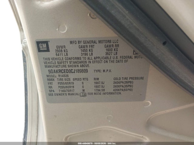 Aukcja sprzedaży 2012 Buick Enclave Leather, vin: 5GAKRCED0CJ189809, numer aukcji: 44940679