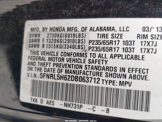 2013 Honda Odyssey Ex-l მანქანა იყიდება აუქციონზე, vin: 5FNRL5H62DB063712, აუქციონის ნომერი: 44940682