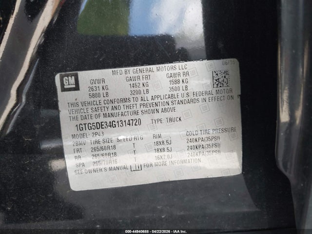 44940688 :رقم المزاد ، 1GTG5DE34G1314720 vin ، 2016 Gmc Canyon Slt مزاد بيع