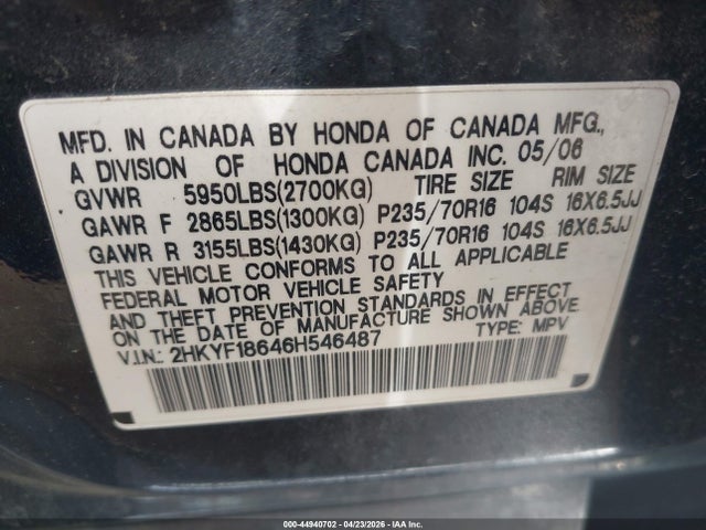 44940702 :رقم المزاد ، 2HKYF18646H546487 vin ، 2006 Honda Pilot Ex-l مزاد بيع