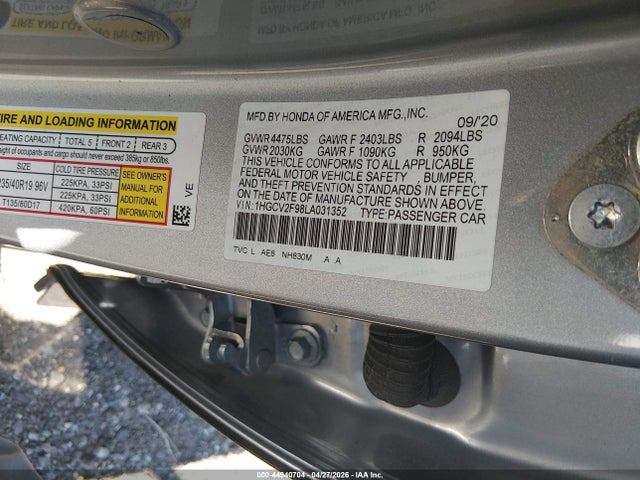 Продаж на аукціоні авто 2020 Honda Accord Touring, vin: 1HGCV2F98LA031352, номер лоту: 44940704