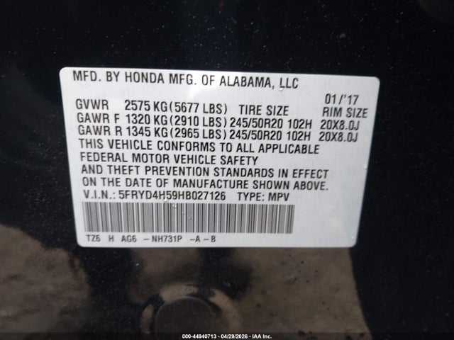 44940713 :رقم المزاد ، 5FRYD4H59HB027126 vin ، 2017 Acura Mdx Technology Package مزاد بيع