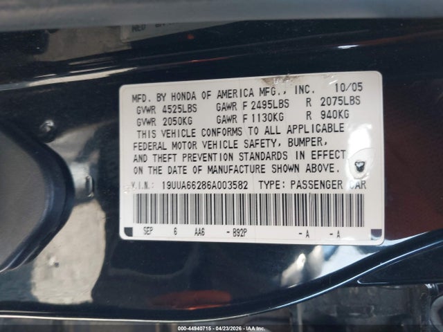 Продаж на аукціоні авто 2006 Acura Tl, vin: 19UUA66286A003582, номер лоту: 44940715