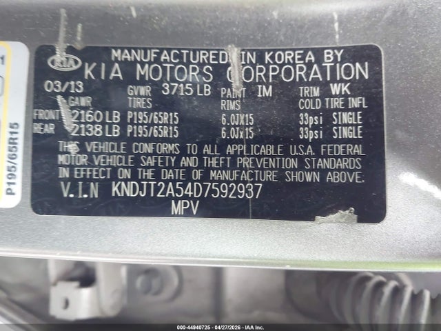 44940725 :رقم المزاد ، KNDJT2A54D7592937 vin ، 2013 Kia Soul ! مزاد بيع