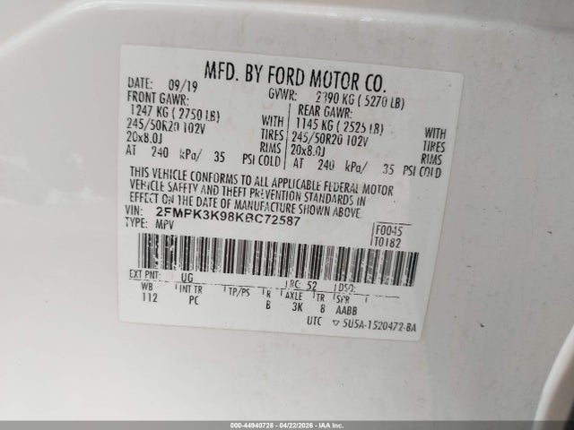 Aukcja sprzedaży 2019 Ford Edge Titanium, vin: 2FMPK3K98KBC72587, numer aukcji: 44940728