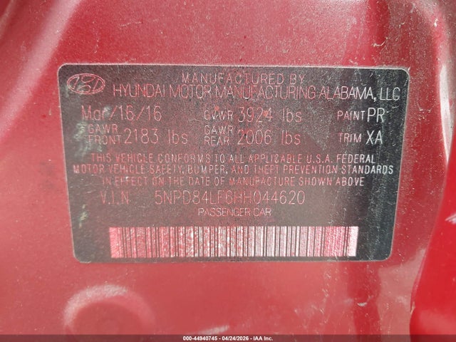 2017 Hyundai Elantra Limited მანქანა იყიდება აუქციონზე, vin: 5NPD84LF6HH044620, აუქციონის ნომერი: 44940745