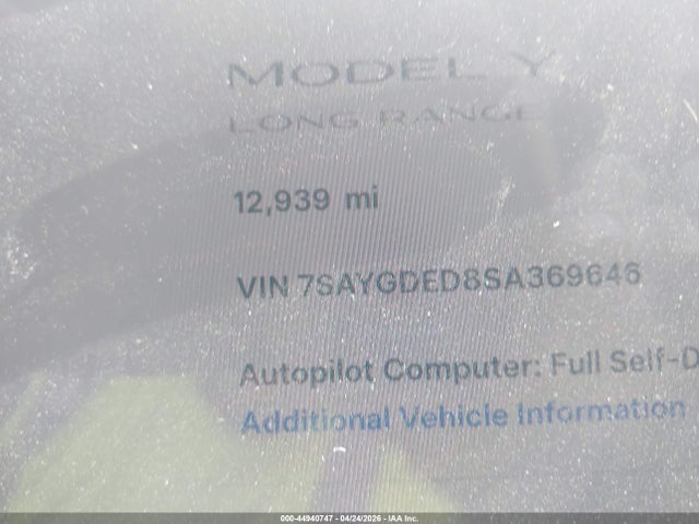 44940747 :رقم المزاد ، 7SAYGDED8SA369646 vin ، 2025 Tesla Model Y Long Range Dual Motor Rear-wheel Drive مزاد بيع