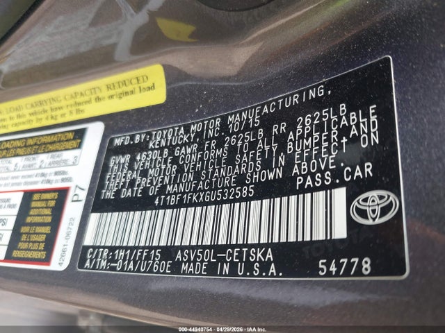 Продаж на аукціоні авто 2016 Toyota Camry Se, vin: 4T1BF1FKXGU532585, номер лоту: 44940754