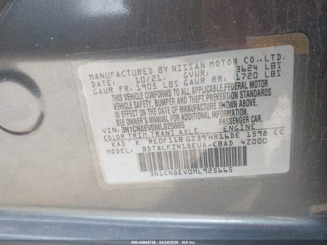 3N1CN8EV0ML925665 Nissan Versa Sv Xtronic Cvt