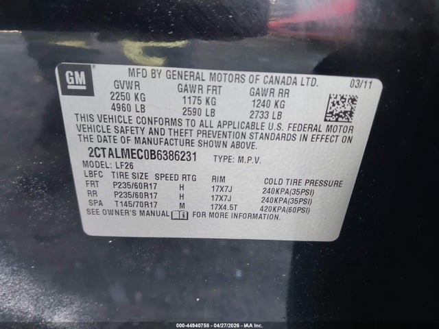 Продажа на аукционе авто 2011 Gmc Terrain Sle-1, vin: 2CTALMEC0B6386231, номер лота: 44940758