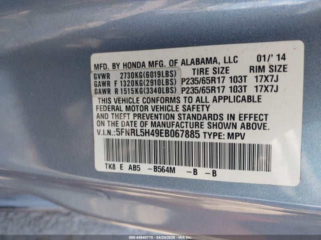 Aukcja sprzedaży 2014 Honda Odyssey Ex, vin: 5FNRL5H49EB067885, numer aukcji: 44940770