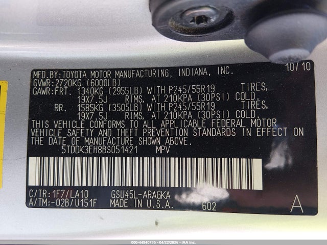 Aukcja sprzedaży 2011 Toyota Highlander Limited V6, vin: 5TDDK3EH8BS051421, numer aukcji: 44940795