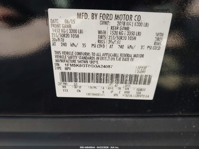 2016 Ford Explorer Sport მანქანა იყიდება აუქციონზე, vin: 1FM5K8GT8GGA24087, აუქციონის ნომერი: 44940844