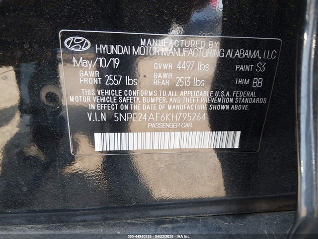 Продажа на аукционе авто 2019 Hyundai Sonata Se, vin: 5NPE24AF6KH795264, номер лота: 44940856