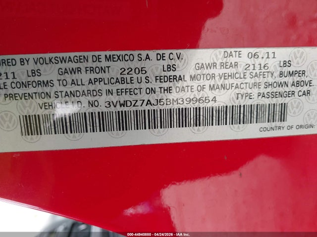 2011 Volkswagen Jetta 2.5l Se მანქანა იყიდება აუქციონზე, vin: 3VWDZ7AJ5BM399654, აუქციონის ნომერი: 44940880