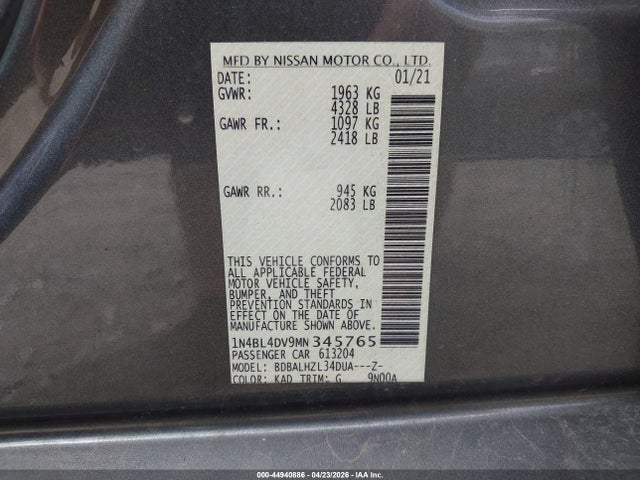 2021 Nissan Altima Sv Fwd მანქანა იყიდება აუქციონზე, vin: 1N4BL4DV9MN345765, აუქციონის ნომერი: 44940886
