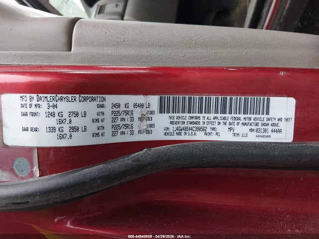 44940889 :رقم المزاد ، 1J4GW48S44C390562 vin ، 2004 Jeep Grand Cherokee Laredo مزاد بيع