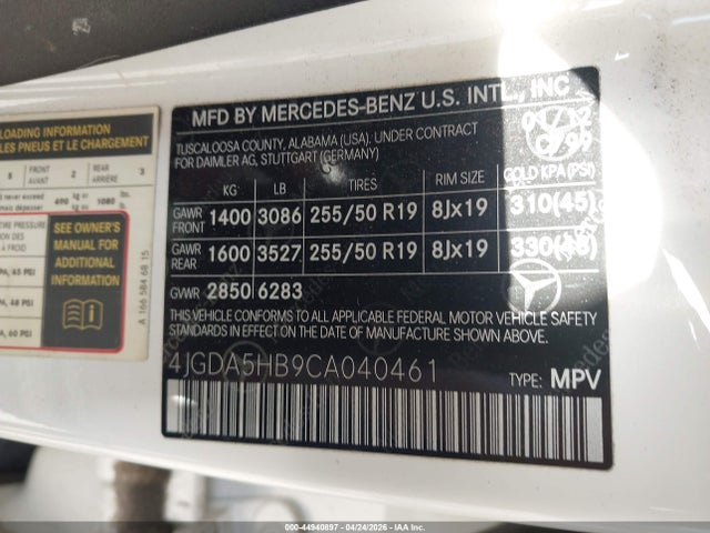 2012 Mercedes-benz Ml 350 4matic მანქანა იყიდება აუქციონზე, vin: 4JGDA5HB9CA040461, აუქციონის ნომერი: 44940897