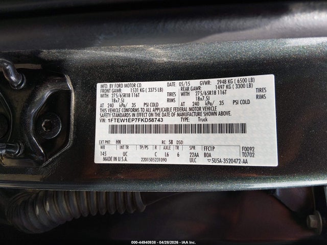 Продажа на аукционе авто 2015 Ford F-150 Xlt, vin: 1FTEW1EP7FKD58743, номер лота: 44940938