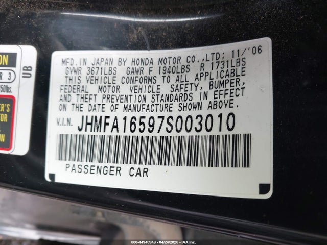 Продаж на аукціоні авто 2007 Honda Civic Lx, vin: JHMFA16597S003010, номер лоту: 44940949