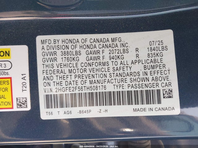 Продажа на аукционе авто 2026 Honda Civic Sport, vin: 2HGFE2F56TH508176, номер лота: 44940956