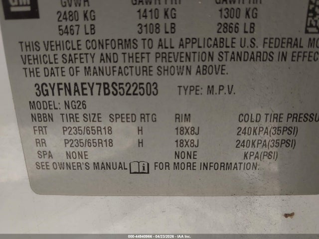 44940966 :رقم المزاد ، 3GYFNAEY7BS522503 vin ، 2011 Cadillac Srx Luxury Collection مزاد بيع