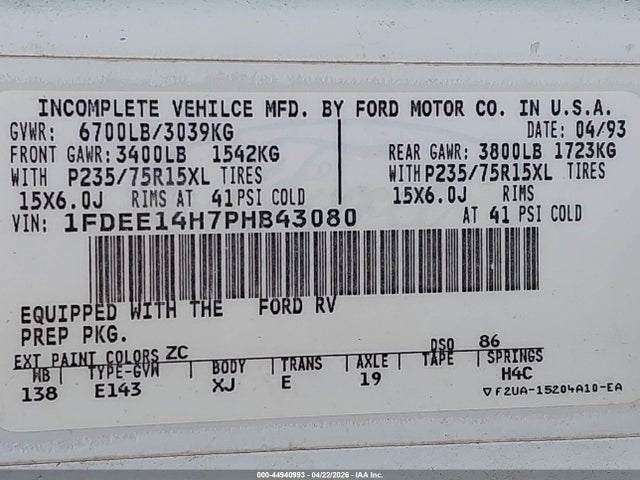 1993 Ford Econoline E150 Van მანქანა იყიდება აუქციონზე, vin: 1FDEE14H7PHB43080, აუქციონის ნომერი: 44940993