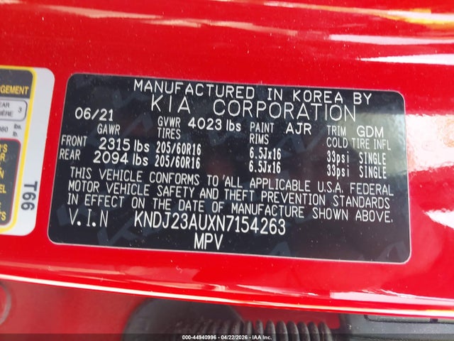 2022 Kia Soul S მანქანა იყიდება აუქციონზე, vin: KNDJ23AUXN7154263, აუქციონის ნომერი: 44940996