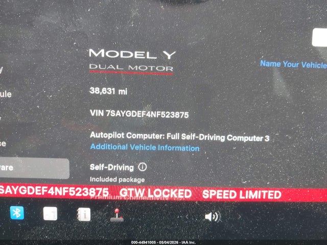 2022 Tesla Model Y Performance Dual Motor All-wheel Drive მანქანა იყიდება აუქციონზე, vin: 7SAYGDEF4NF523875, აუქციონის ნომერი: 44941005