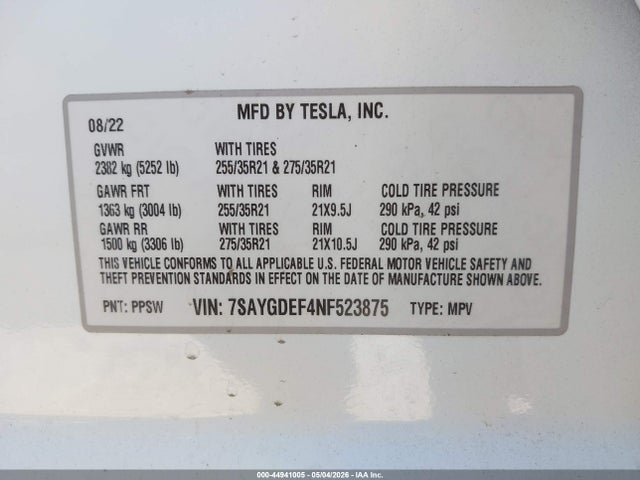 2022 Tesla Model Y Performance Dual Motor All-wheel Drive მანქანა იყიდება აუქციონზე, vin: 7SAYGDEF4NF523875, აუქციონის ნომერი: 44941005