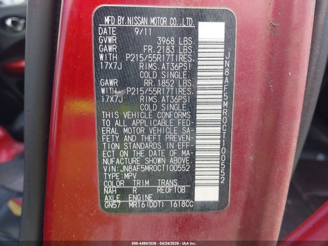 Продажа на аукционе авто 2012 Nissan Juke Sl, vin: JN8AF5MR0CT100552, номер лота: 44941026