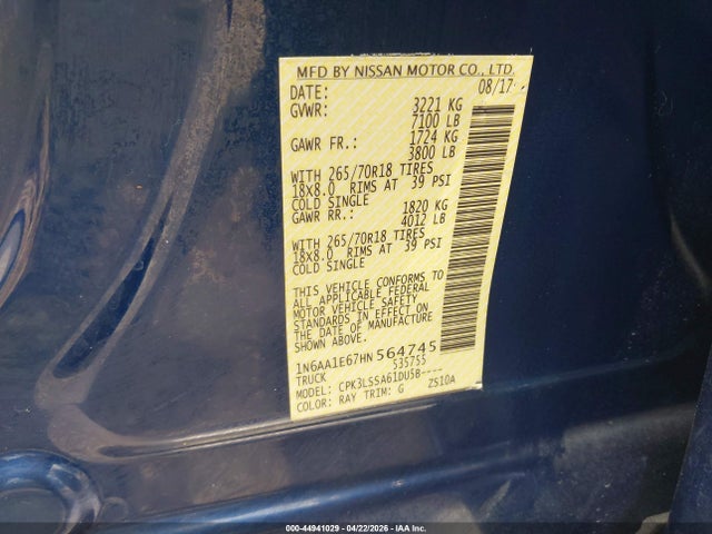 1N6AA1E67HN564745 Nissan TITAN SV