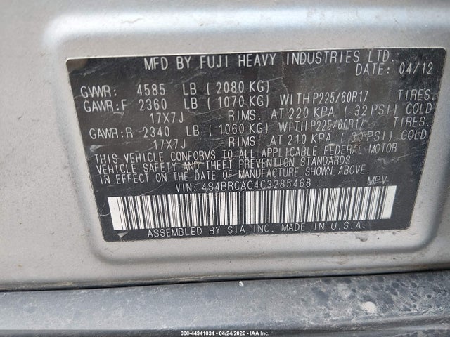 Aukcja sprzedaży 2012 Subaru Outback 2.5i, vin: 4S4BRCAC4C3285468, numer aukcji: 44941034