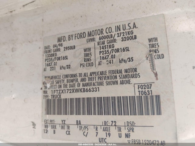 44941036 :رقم المزاد ، 1FTZX172XWKB66331 vin ، 1998 Ford F-150 Standard/xl/xlt مزاد بيع