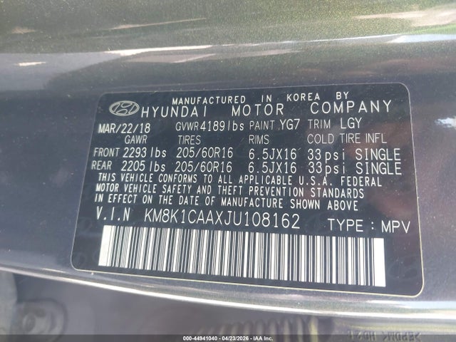 44941040 :رقم المزاد ، KM8K1CAAXJU108162 vin ، 2018 Hyundai Kona Se مزاد بيع