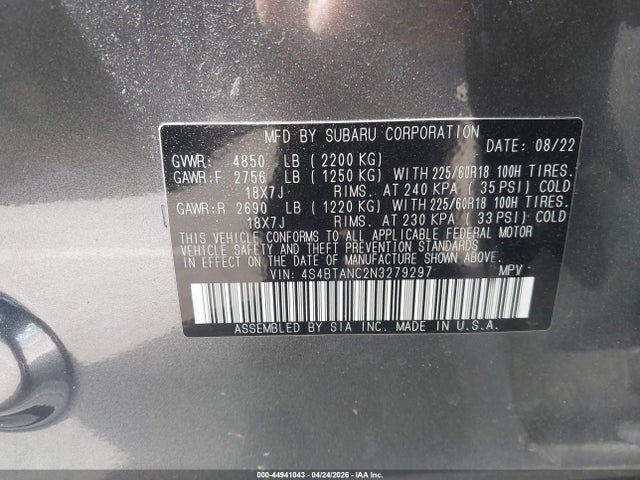 44941043 :رقم المزاد ، 4S4BTANC2N3279297 vin ، 2022 Subaru Outback Limited مزاد بيع