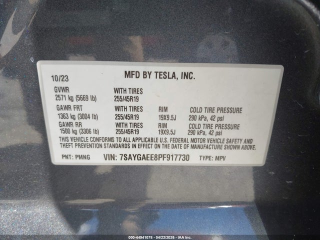 Продажа на аукционе авто 2023 Tesla Model Y Awd/long Range Dual Motor All-wheel Drive, vin: 7SAYGAEE8PF917730, номер лота: 44941078
