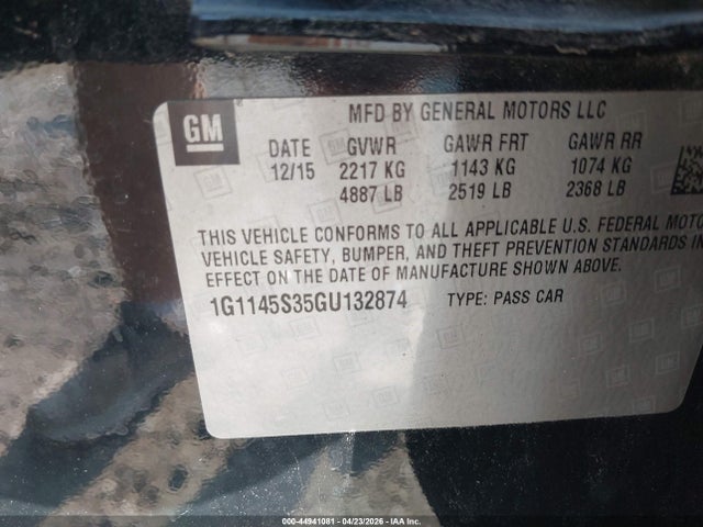 2016 Chevrolet Impala 2lz მანქანა იყიდება აუქციონზე, vin: 1G1145S35GU132874, აუქციონის ნომერი: 44941081
