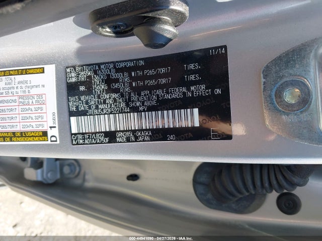 44941090 :رقم المزاد ، JTEBU5JR2F5221744 vin ، 2015 Toyota 4runner Sr5 Premium مزاد بيع