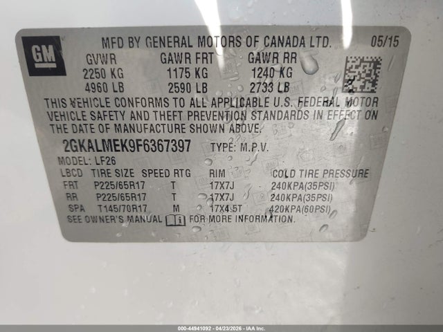 Продажа на аукционе авто 2015 Gmc Terrain Sle-1, vin: 2GKALMEK9F6367397, номер лота: 44941092