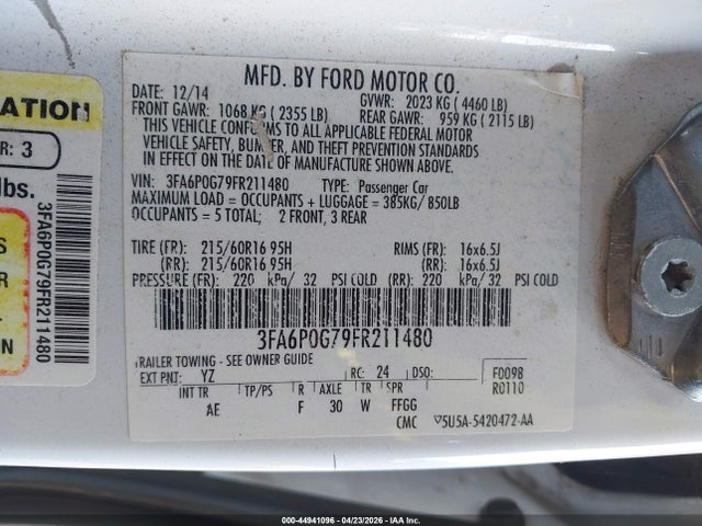 Auction sale of the 2015 Ford Fusion S, vin: 3FA6P0G79FR211480, lot number: 44941096
