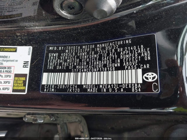 Продажа на аукционе авто 2022 Toyota Corolla Se Apex Edition, vin: 5YFS4MCE0NP118168, номер лота: 44941107