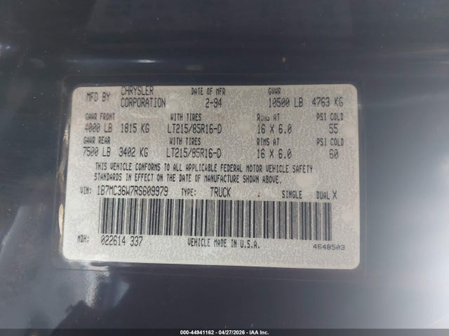 Продаж на аукціоні авто 1994 Dodge Ram 3500, vin: 1B7MC36W7RS609979, номер лоту: 44941162