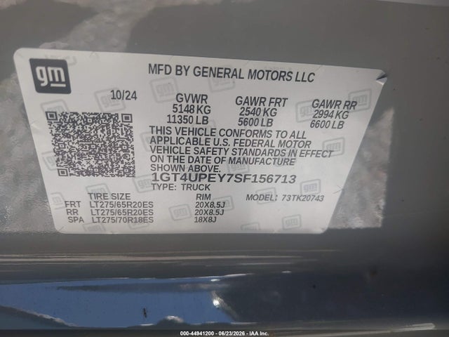 Aukcja sprzedaży 2025 Gmc Sierra 2500hd, vin: 1GT4UPEY7SF156713, numer aukcji: 44941200