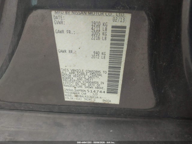 2013 Nissan Altima 2.5 S მანქანა იყიდება აუქციონზე, vin: 1N4AL3AP9DN514744, აუქციონის ნომერი: 44941203