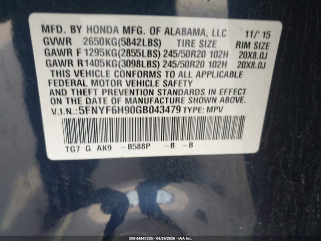 5FNYF6H90GB043479 Honda Pilot Touring